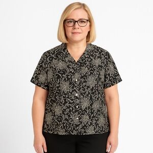 ALLYSON WHITMORE PETITE Black & Cream Print Button Up Blouse Size PL